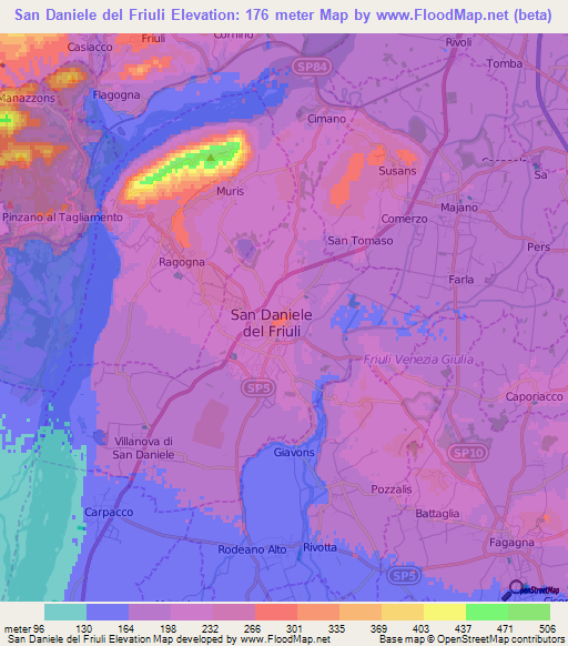 San Daniele del Friuli,Italy Elevation Map