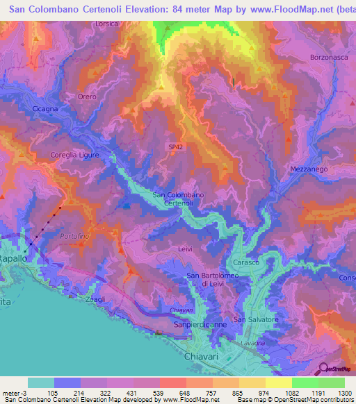 San Colombano Certenoli,Italy Elevation Map