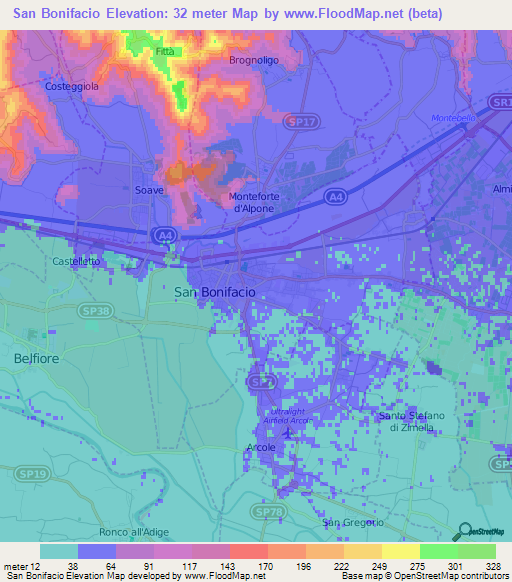 San Bonifacio,Italy Elevation Map