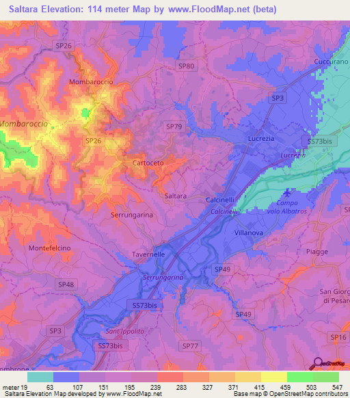 Saltara,Italy Elevation Map