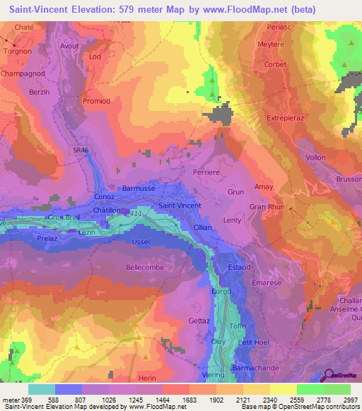 Saint-Vincent,Italy Elevation Map