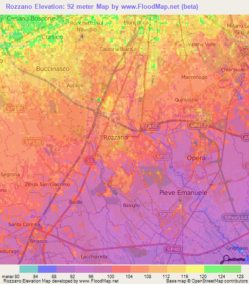 Rozzano,Italy Elevation Map