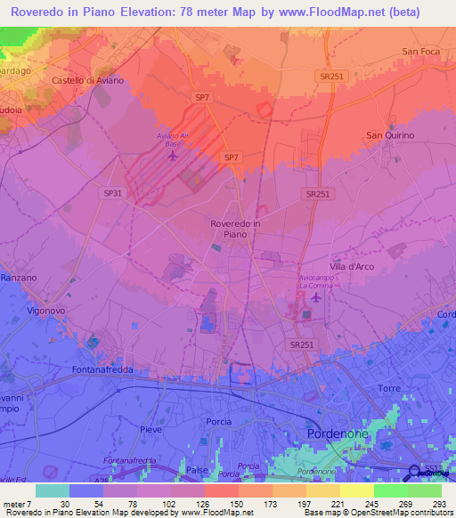 Roveredo in Piano,Italy Elevation Map