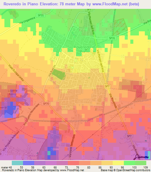 Roveredo in Piano,Italy Elevation Map