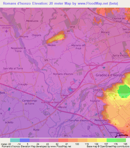 Romans d'Isonzo,Italy Elevation Map