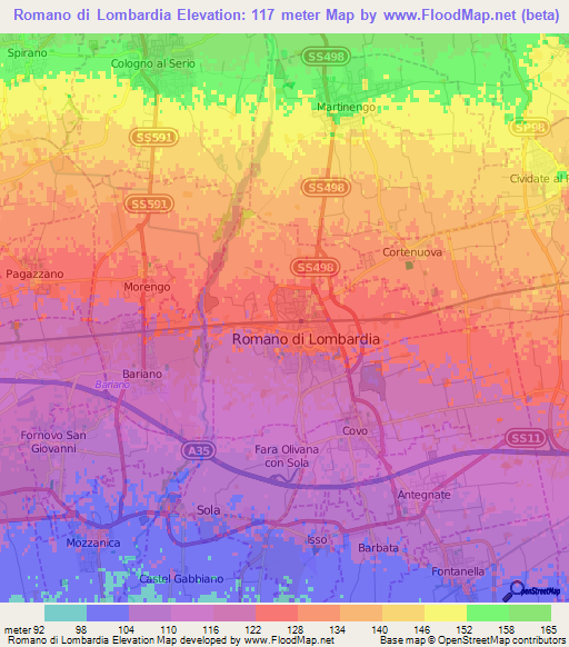 Romano di Lombardia,Italy Elevation Map