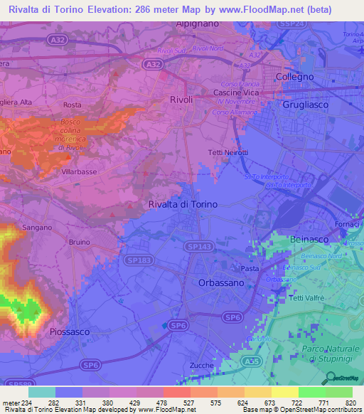 Rivalta di Torino,Italy Elevation Map