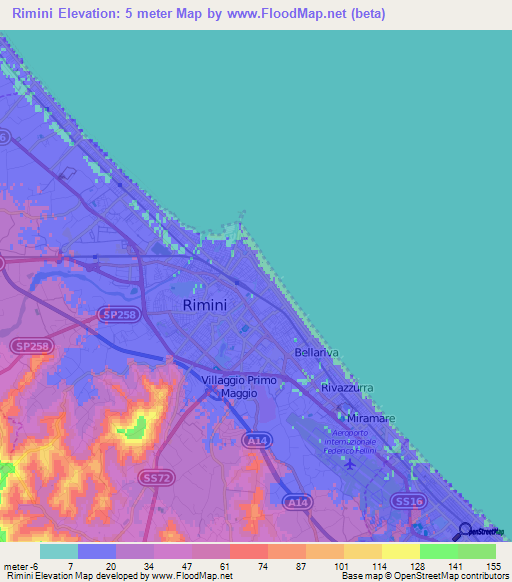 Rimini,Italy Elevation Map