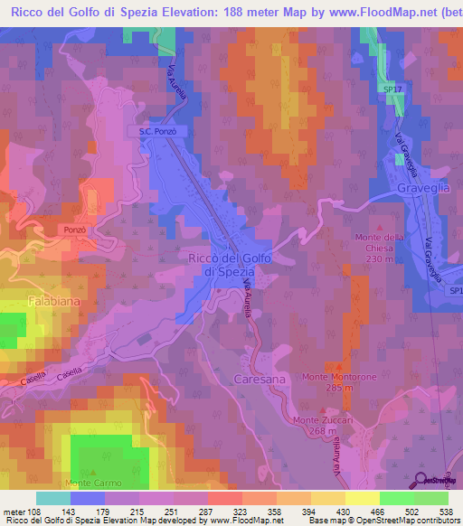 Ricco del Golfo di Spezia,Italy Elevation Map
