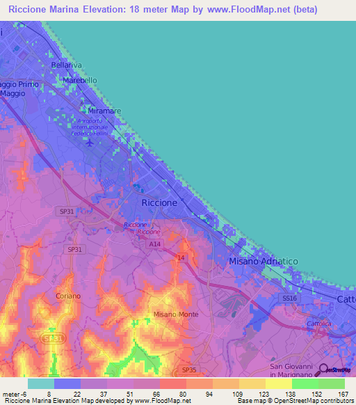 Riccione Marina,Italy Elevation Map