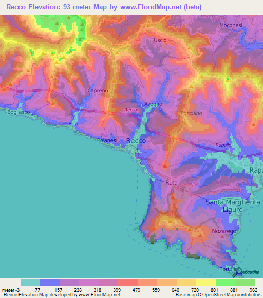 Recco,Italy Elevation Map