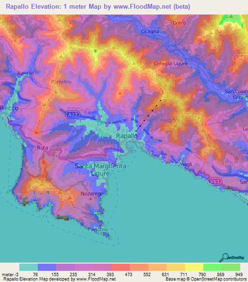 Rapallo,Italy Elevation Map