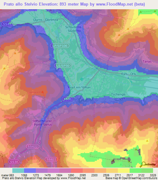 Prato allo Stelvio,Italy Elevation Map