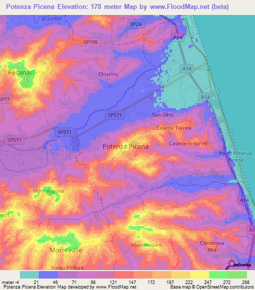 Potenza Picena,Italy Elevation Map