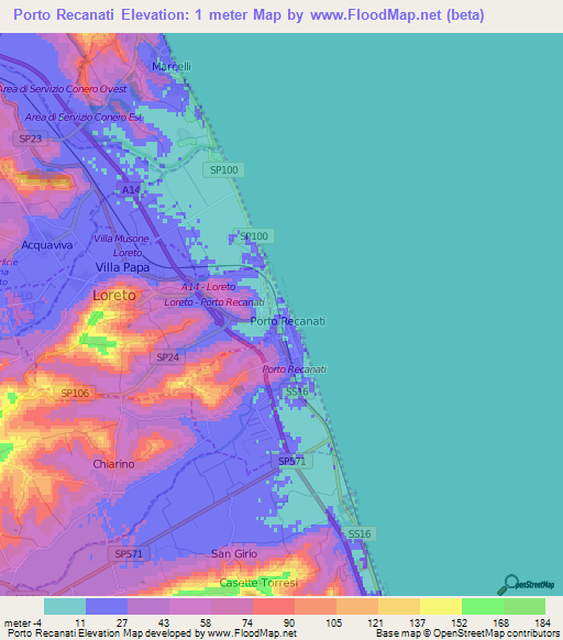 Porto Recanati,Italy Elevation Map