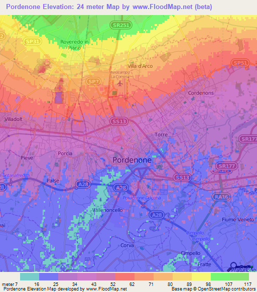 Pordenone,Italy Elevation Map