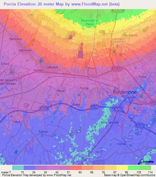 Porcia,Italy Elevation Map