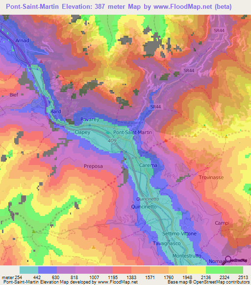 Pont-Saint-Martin,Italy Elevation Map