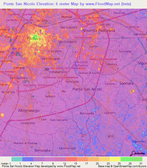 Ponte San Nicolo,Italy Elevation Map