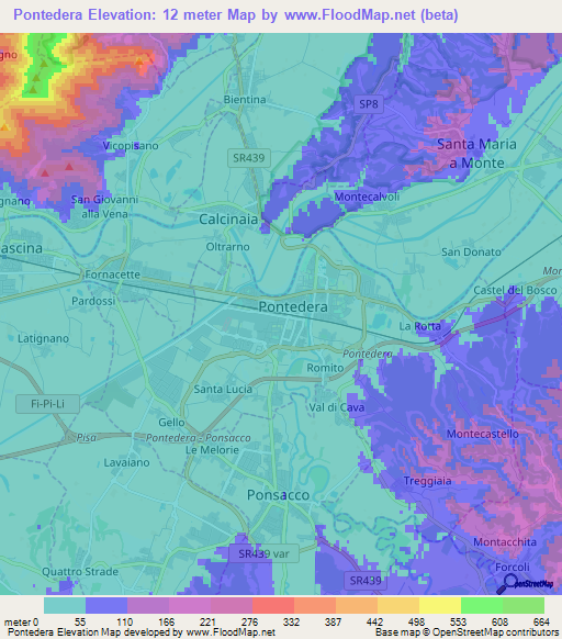 Pontedera,Italy Elevation Map