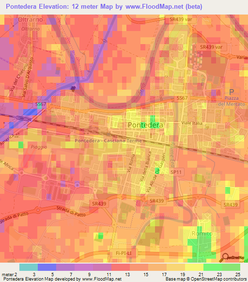 Pontedera,Italy Elevation Map