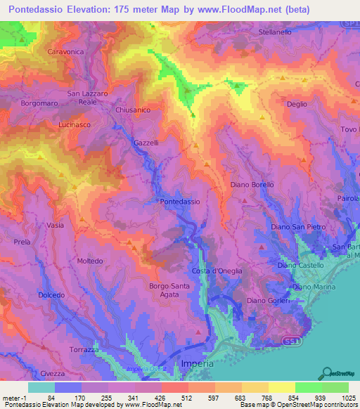 Pontedassio,Italy Elevation Map