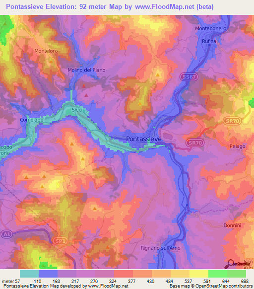 Pontassieve,Italy Elevation Map