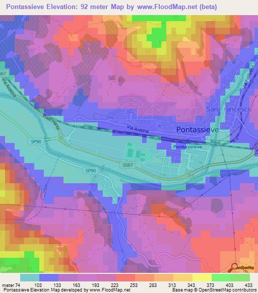 Pontassieve,Italy Elevation Map