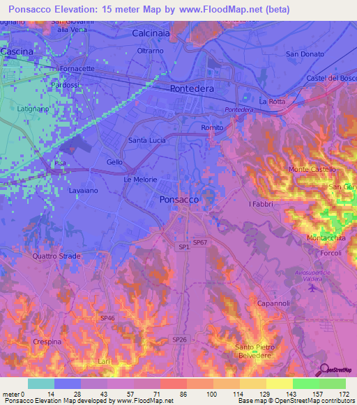 Ponsacco,Italy Elevation Map