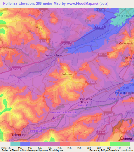 Pollenza,Italy Elevation Map