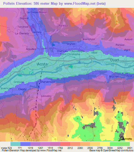 Pollein,Italy Elevation Map