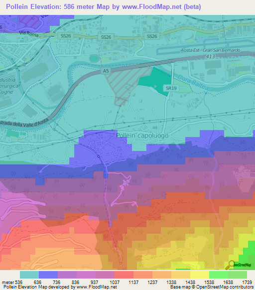 Pollein,Italy Elevation Map