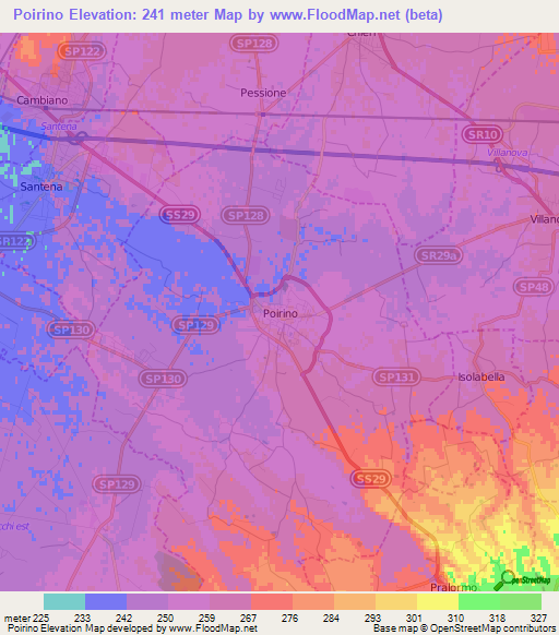 Poirino,Italy Elevation Map