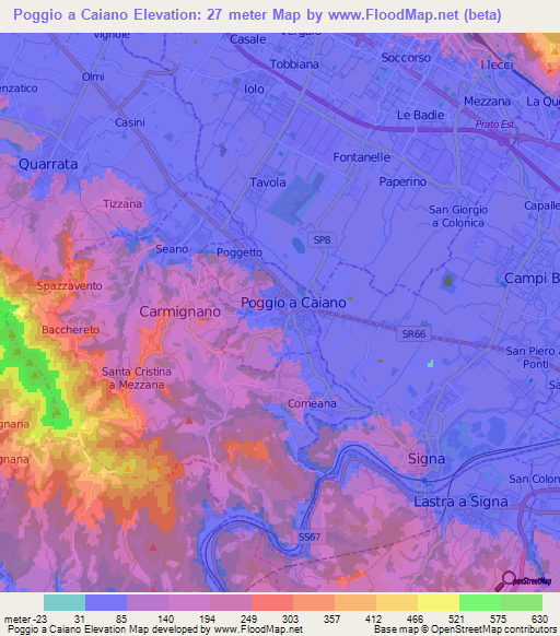 Poggio a Caiano,Italy Elevation Map