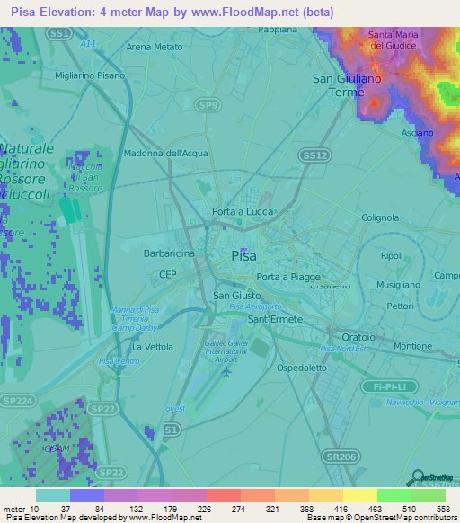 Pisa,Italy Elevation Map