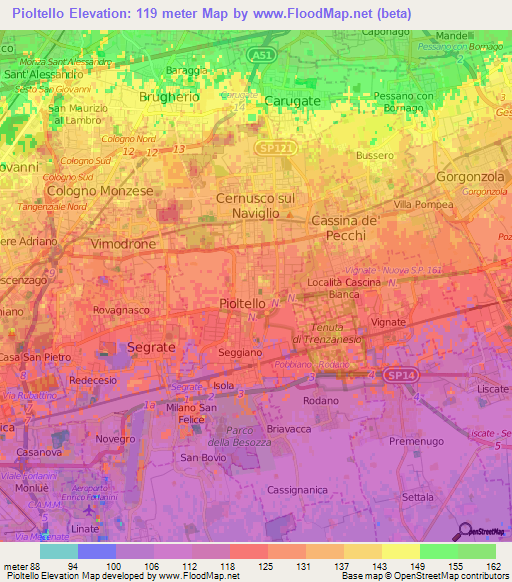 Pioltello,Italy Elevation Map