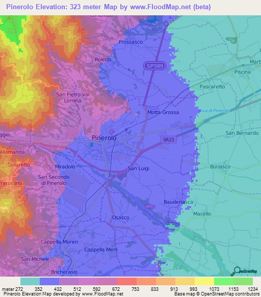 Pinerolo,Italy Elevation Map