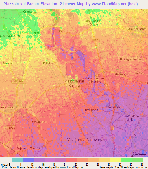 Piazzola sul Brenta,Italy Elevation Map