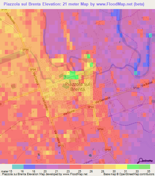 Piazzola sul Brenta,Italy Elevation Map