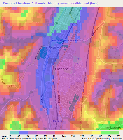 Pianoro,Italy Elevation Map