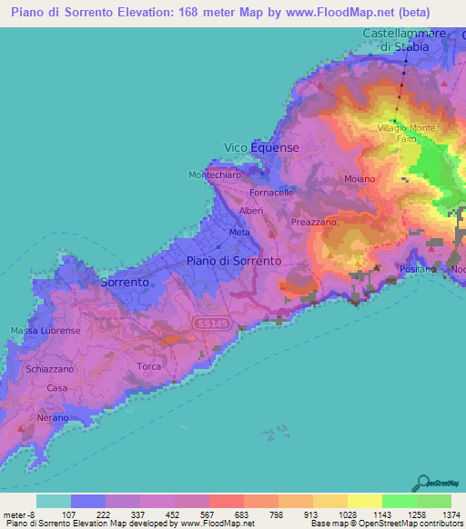 Piano di Sorrento,Italy Elevation Map