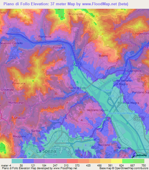 Piano di Follo,Italy Elevation Map