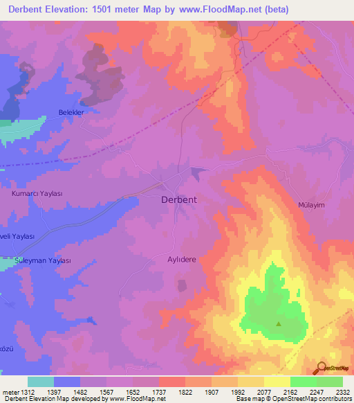 Derbent,Turkey Elevation Map