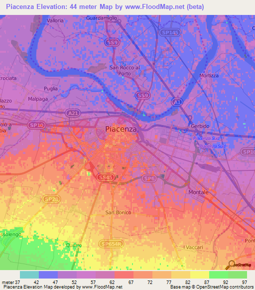 Piacenza,Italy Elevation Map