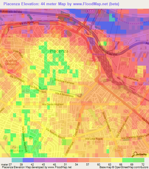 Piacenza,Italy Elevation Map