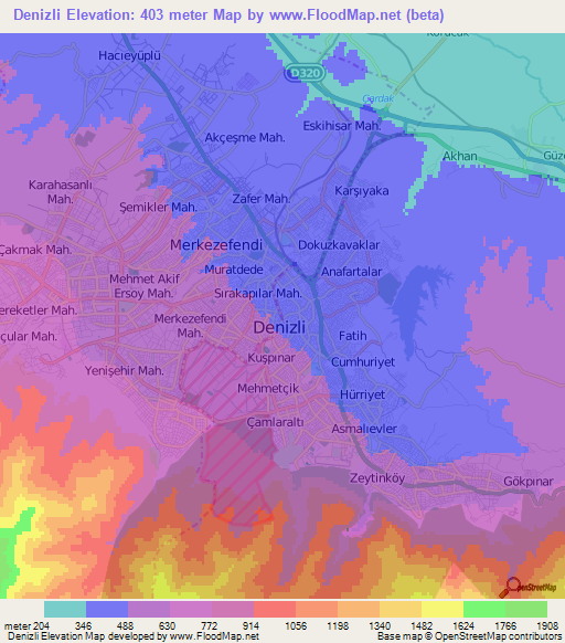 Denizli,Turkey Elevation Map