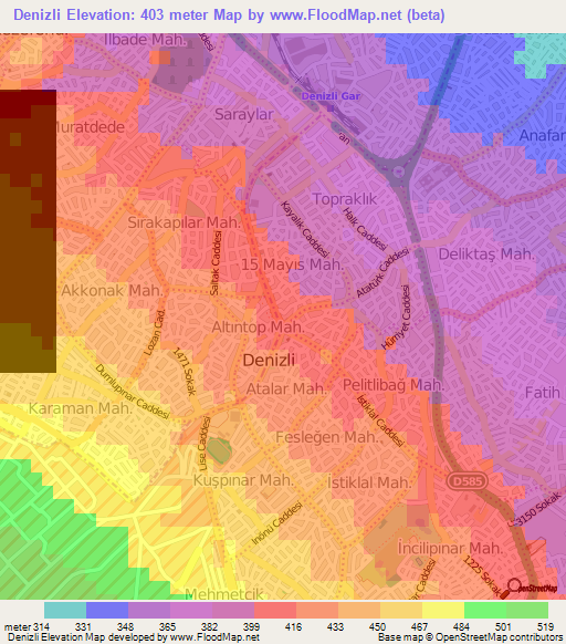 Denizli,Turkey Elevation Map