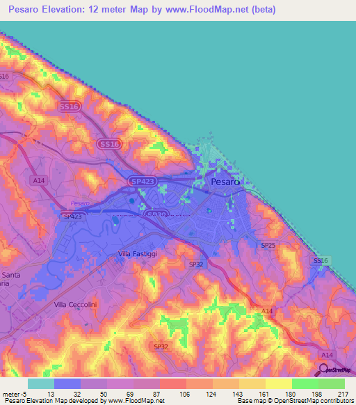 Pesaro,Italy Elevation Map