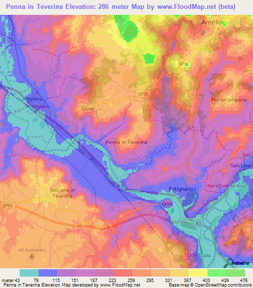 Penna in Teverina,Italy Elevation Map