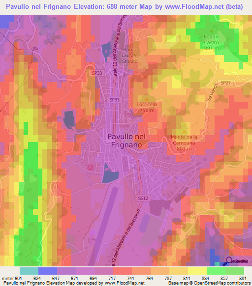Pavullo nel Frignano,Italy Elevation Map